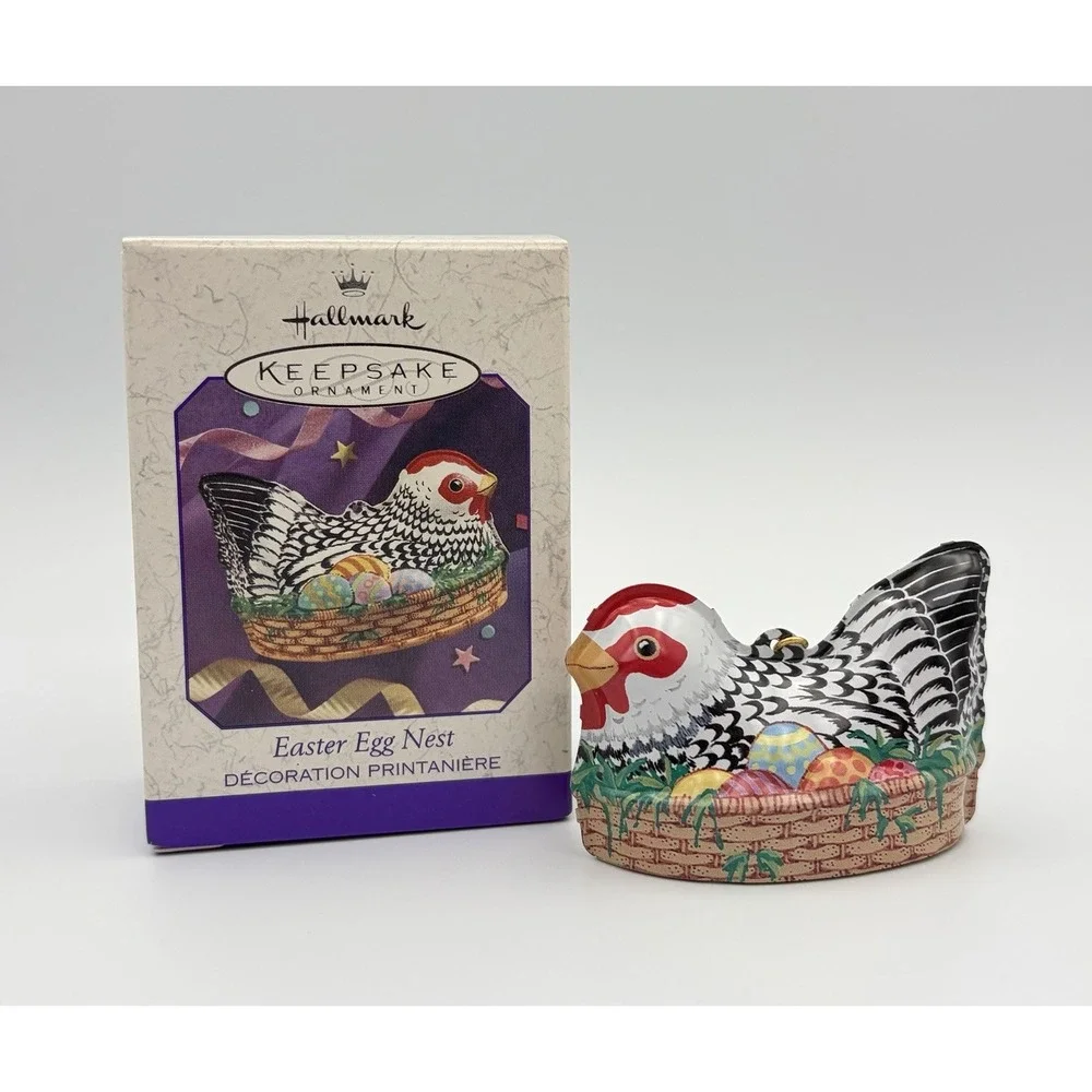 Hallmark Keepsake Ornament Easter Egg Nest Hen Pressed Tin 1999 Vintage QEO8427